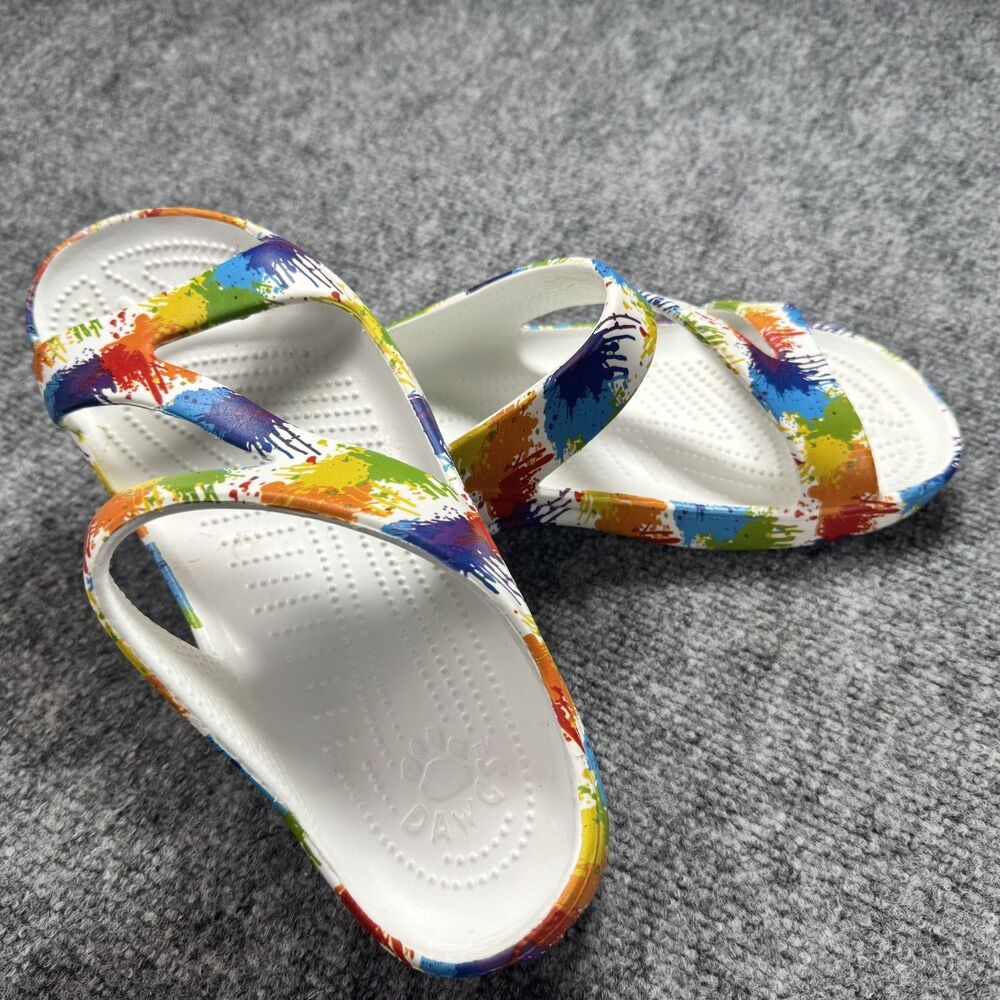 DAWGS Women's Z Sandals Size 8 White Multicolor Paint Splatter Comfort Slides